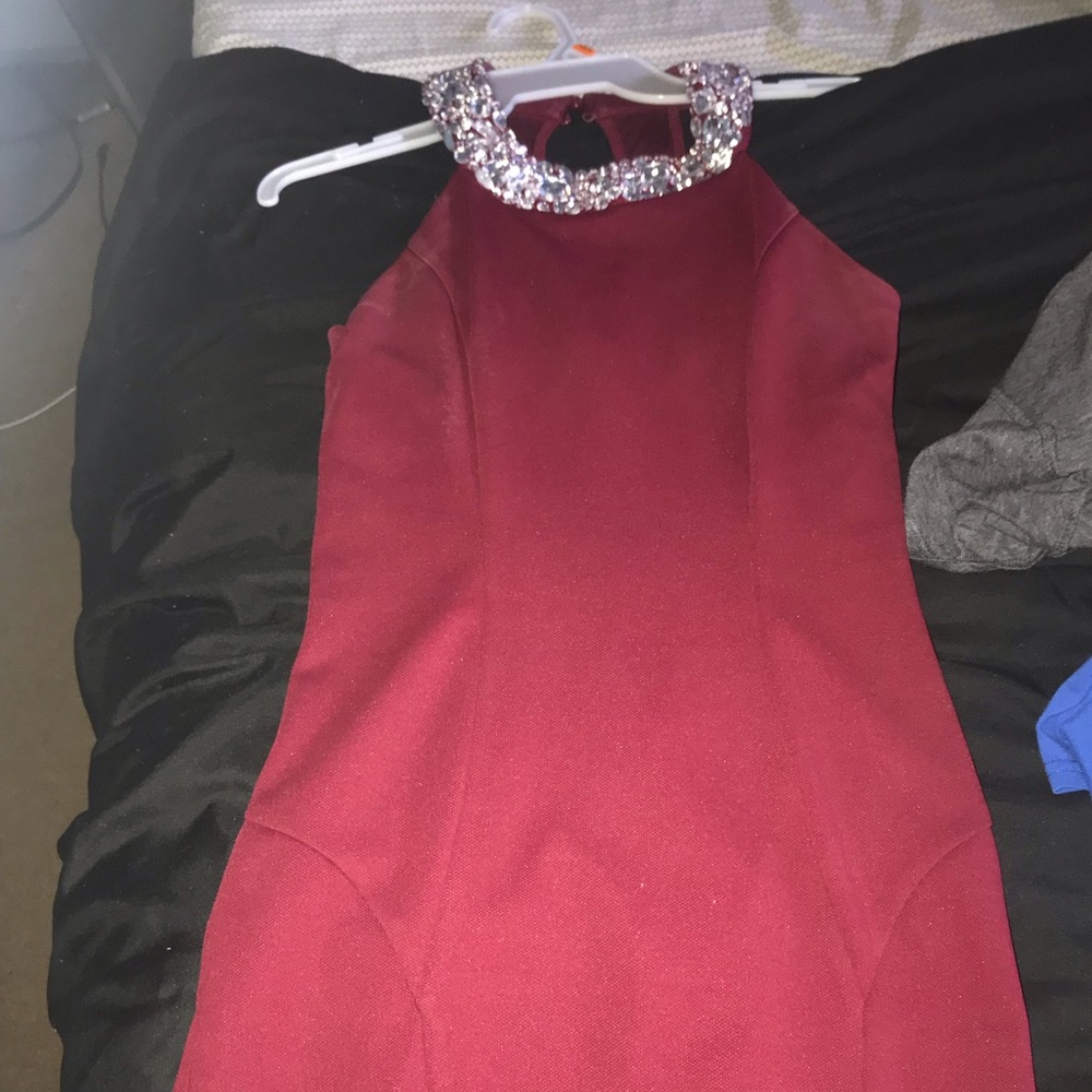 Windsor Burgundy Halter Prom Dress with Beaded Collar